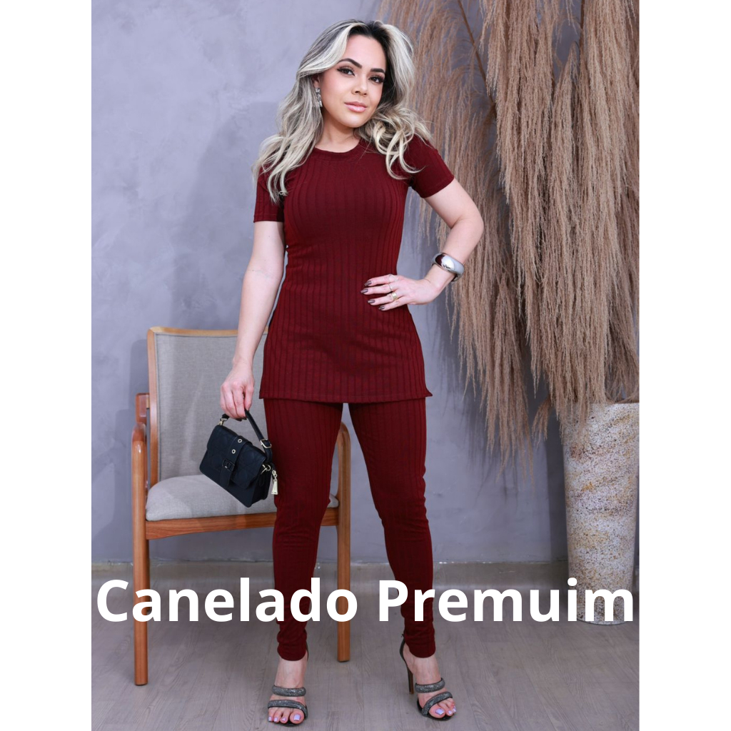 Conjunto Feminino Elegante Canelado Calça e Blusa Fenda Lateral Tecido Premuim em Oferta na Shopee