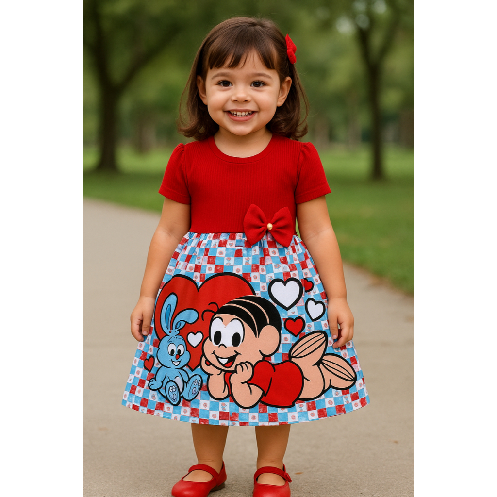 Vestido Mônica feminino menina infantil temático festa personagens Inverno/Verão.