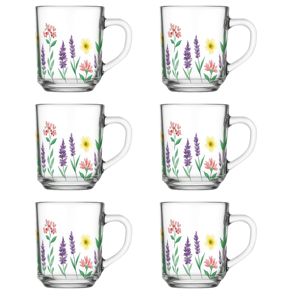 Kit Jogo De Xicara De Vidro De 230ml Decorado Jardim Flores Florida Lavanda Flor em Oferta na Shopee