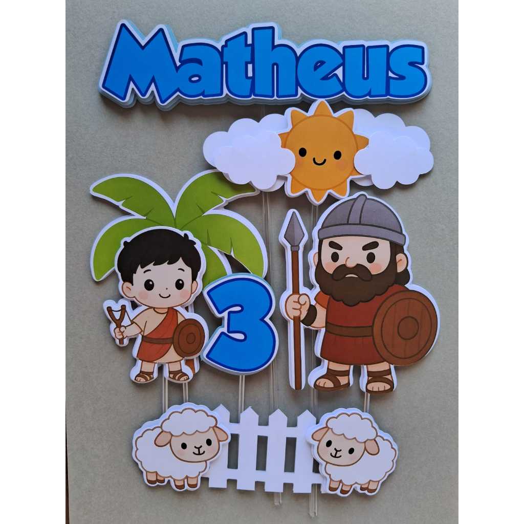 Topo de bolo bíblico - Topo de bolo Davi e Golias - Decoração festa Cristã - Topo de bolo Menino - Tema Bíblico - Topper