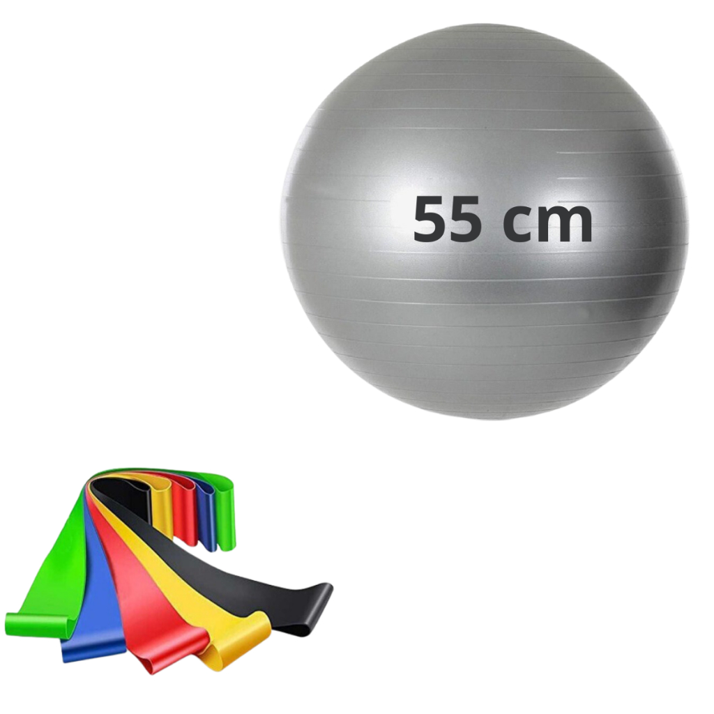 Bola Pilates 55 cm + Kit 5 Faixas Elásticas Miniband Gestante Idoso Cross Personal Fortalecimento