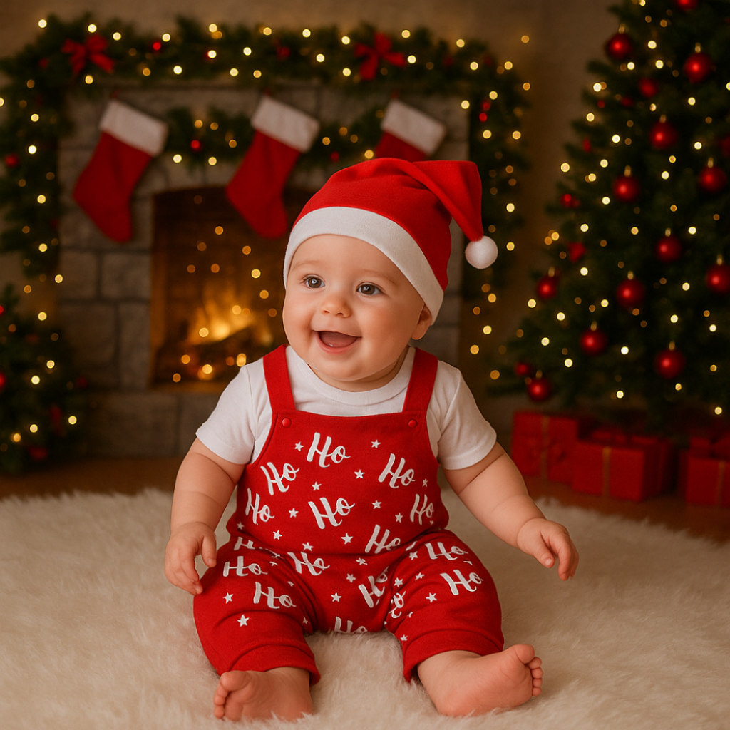 Jardineira Bebê Natal Ho Ho Ho Kit 3 Peças Kit 2 Peças Temático Mesversário