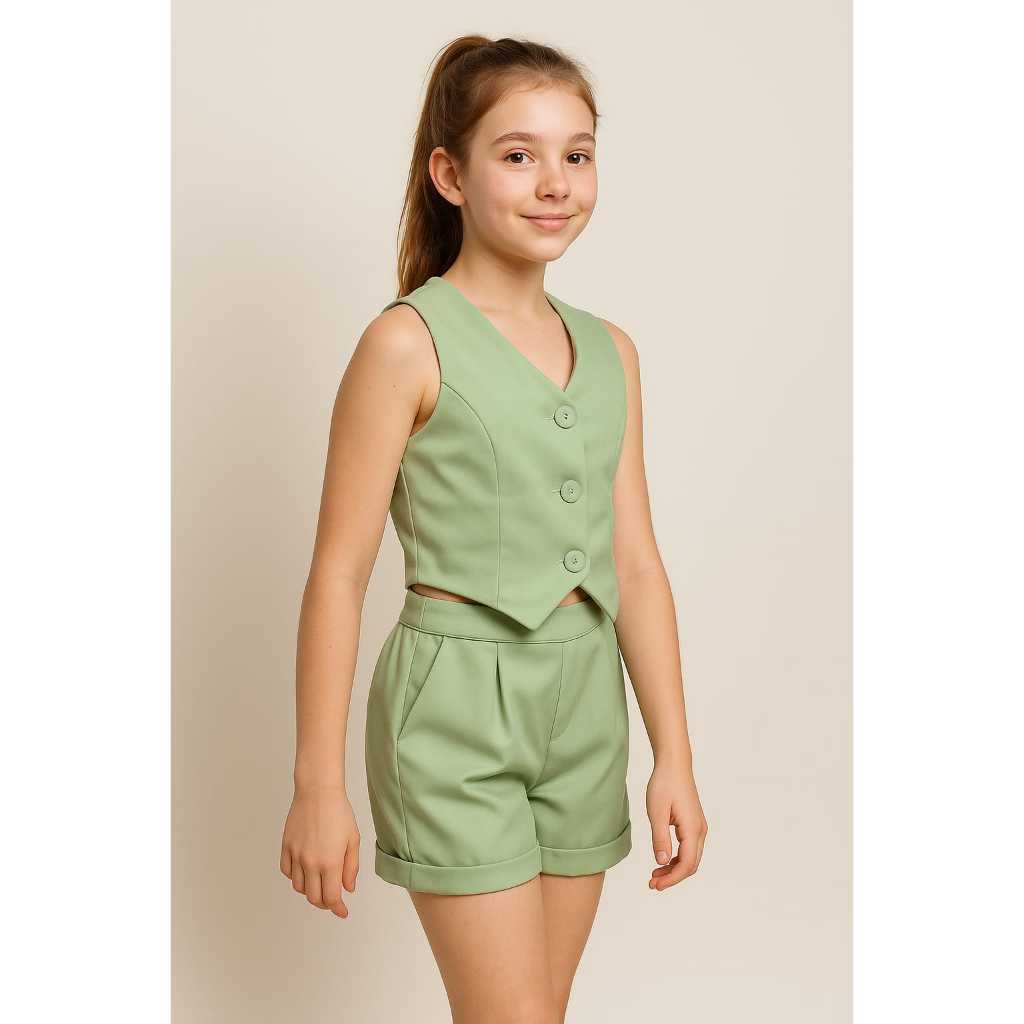 Colete com Short Alfaiataria – Conjunto Roupa natal Menina, Feminino Juvenil, Pré-Adolescente/Adolescente, Look Elegante