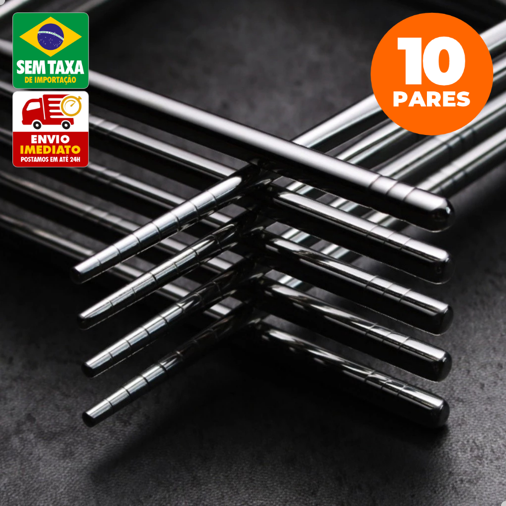 Hashi Aço Inox Reutilizável Kit 5 ou 10 Pares Pauzinhos Antiderrapante Japonês Chinês