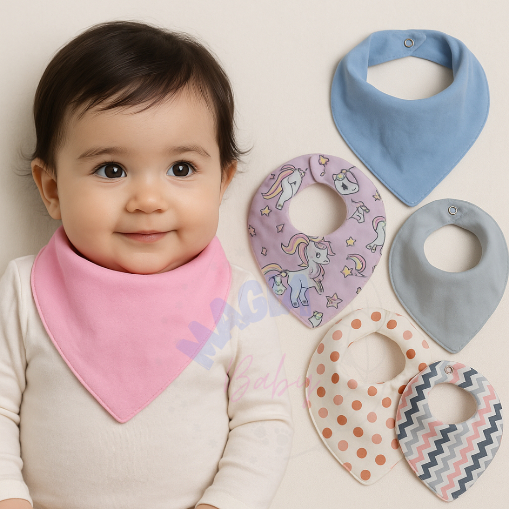 Kit C/3 Babador Bandana de Bebê 100% Algodão com Forro plastificado 23cm x 18cm - Sortidas