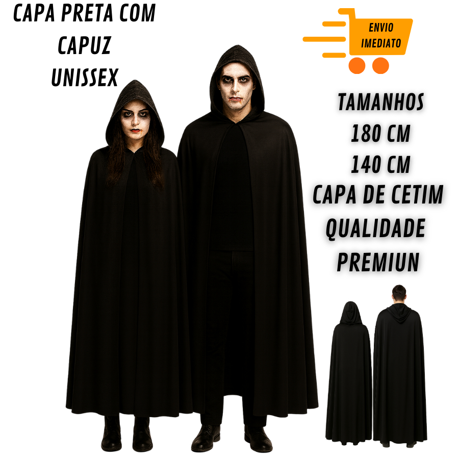 CAPA DE VAMPIRO DRÁCULA CAPUZ PRETO FANTASIA HALLOWEEN LUXO CETIM CAPA GRANDE UNISEXX PRETA COM CAPUZ FEMININA COSPLAY