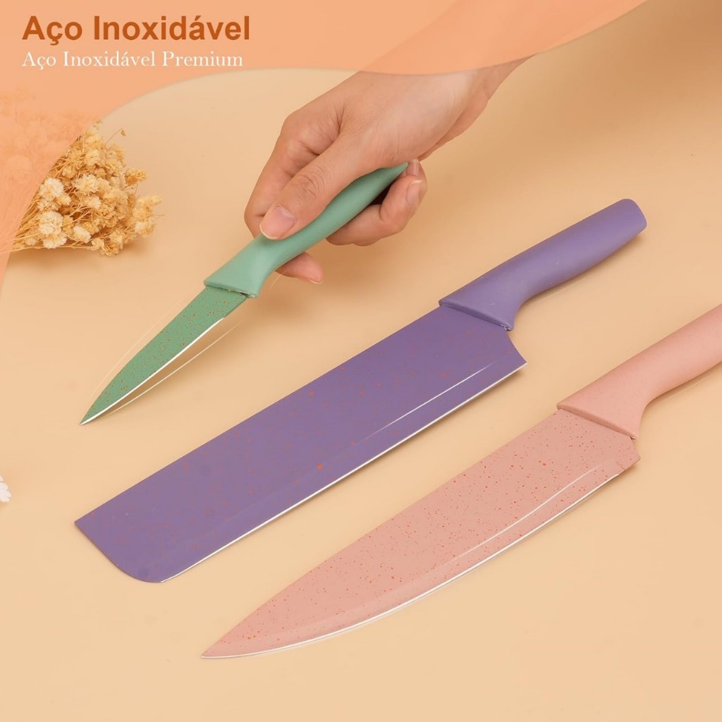 Kit Jogo faca 6 peças coloridas cutelo faca de serra ralador tesoura de cozinha aço inox