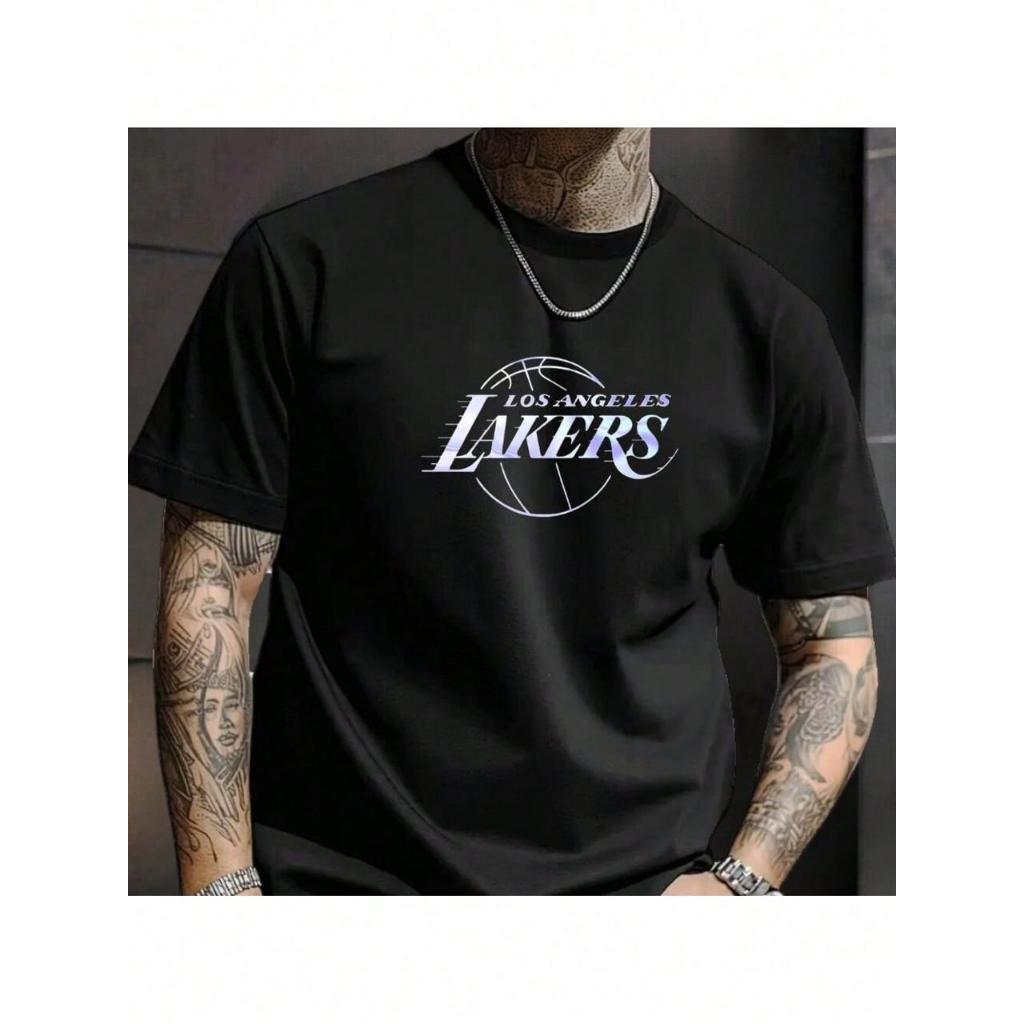 Camiseta Masculina Estilosa Despojado de Algodão Malha 30.1 Estampado Basquete Lakers Lançamento