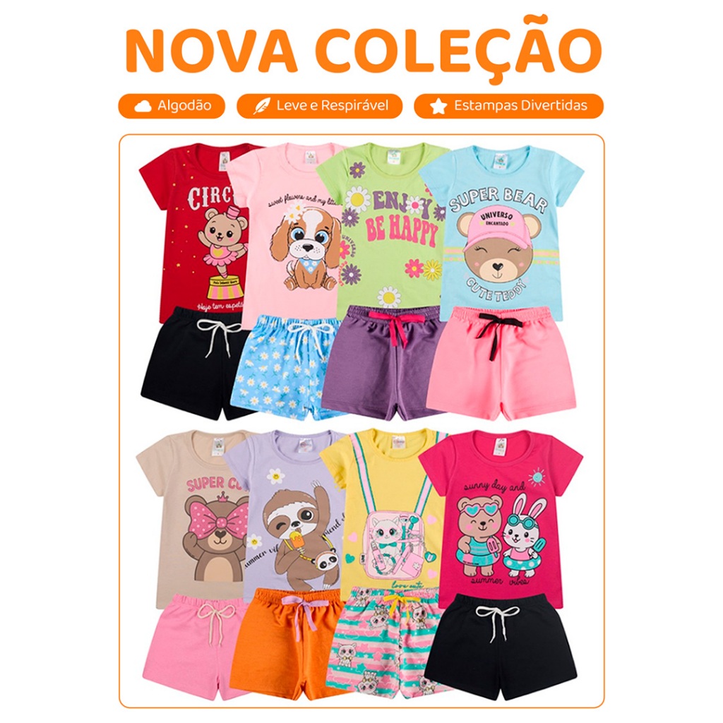 Kit Bebe 20 Peças De Roupas Menina Infantil - 10 Conjuntos de verão - 10 Blusas + 10 bermudas Shorts Feminino Calor em Oferta na Shopee