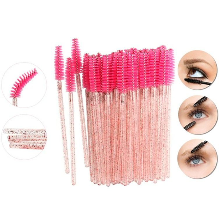 Kit 600 Escovinhas Com Glitter Rosa Extensão De Cílios Sobrancelha Descartáveis