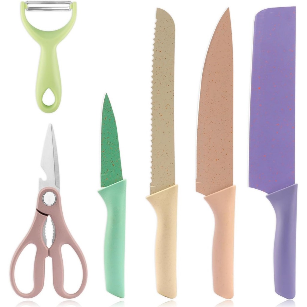 Kit Jogo de Cozinha faca 6 peças coloridas cutelo faca de serra ralador tesoura de cozinha aço inox
