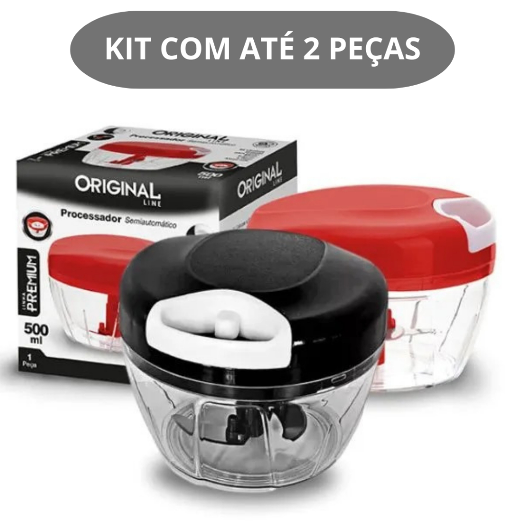 Kit Processador de Alimentos Manual 500ml com 3 Lâminas Aço Inox – Triturador de Alho, Cebola