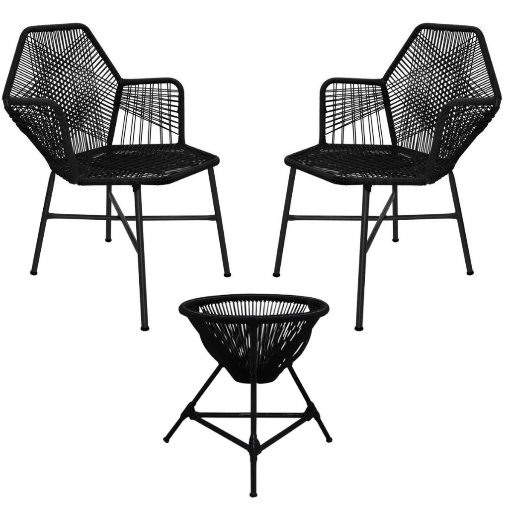Kit 2 Cadeira Tropicália + Mesinha de Centro Aço Carbono Fibra Sintética Sala Varanda Jardim Piscina