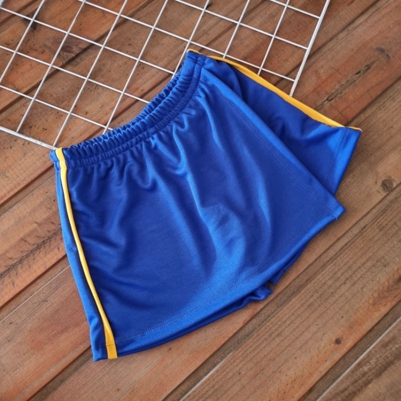 Shorts saia helanca royal com friso amarelo. Infantil, juvenil e adulto.