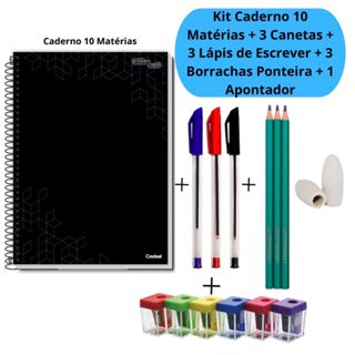 Kit Caderno 10 Matérias + 3 Canetas Simple + 3 Lápis de Escrever + 3 Borrachas Ponteira + 1 Apontador Colorido em Oferta na Shopee