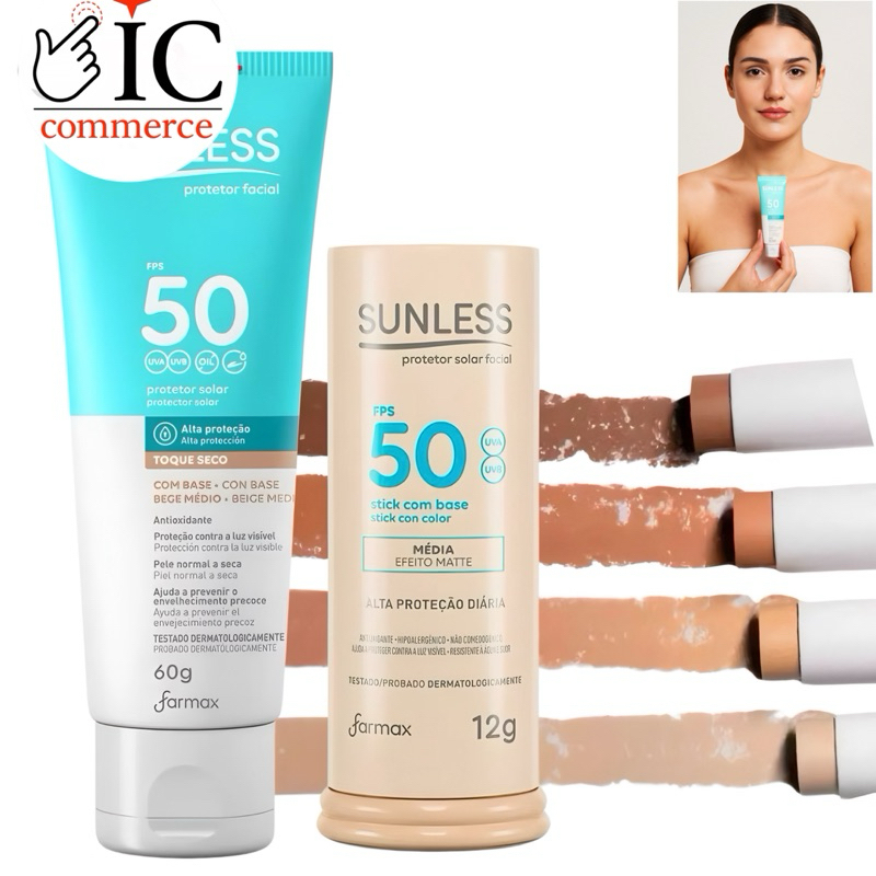 Protetor Solar Facial Sunless FPS 50 Toque Seco 60g | Bastão ou Loção com Cor | Alta Proteção UVA UVB Antioxidante