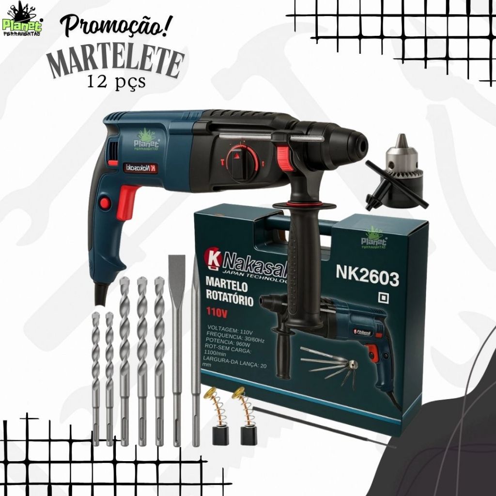 MARTELETE ROTATIVO ROMPEDOR E FURADEIRA 960W 1200W NAKASAKI