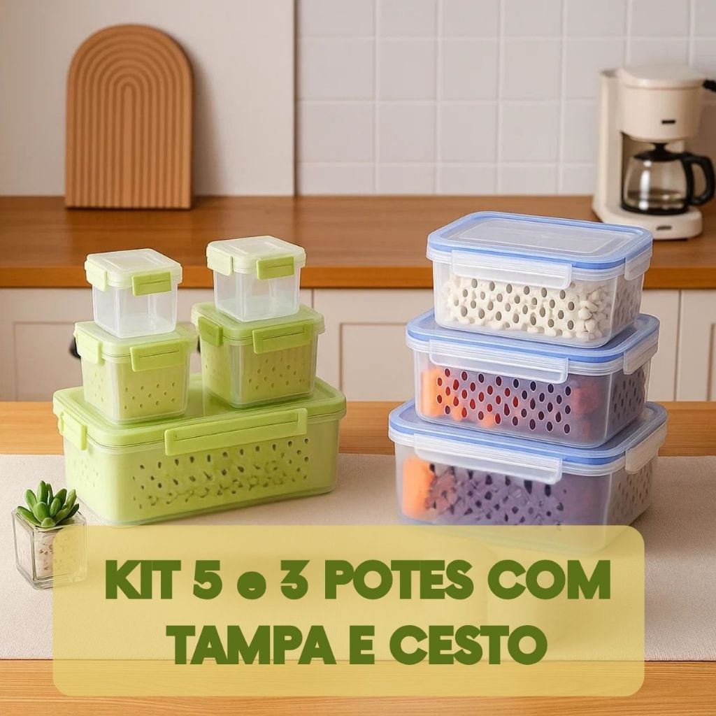 Conjunto Kit 5 Potes de Plástico Organizadores Geladeira Herméticos Cozinha Alimentos Com Cesto Removível