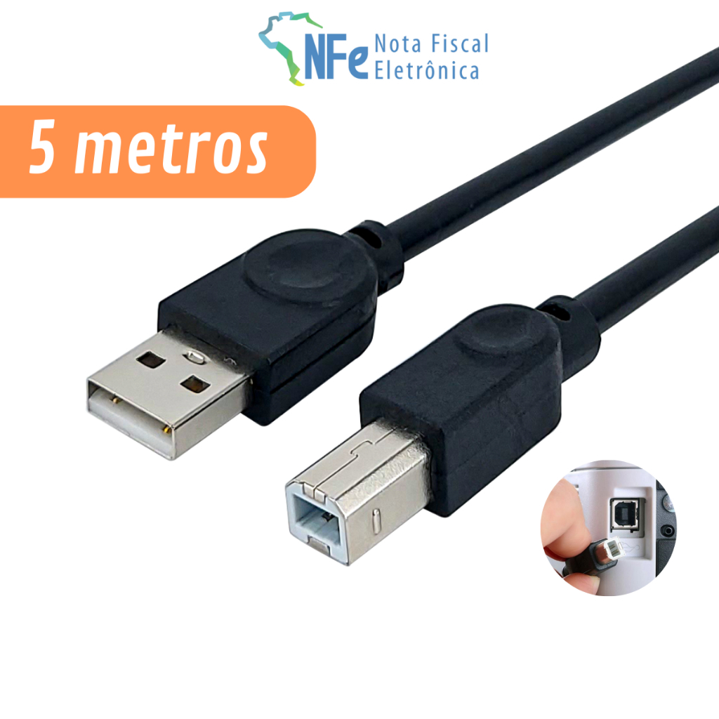 Imagem Cabo USB Tipo B com 5 metros para Impressora Scanner Multifuncional Bateria Eletrônica Teclado
