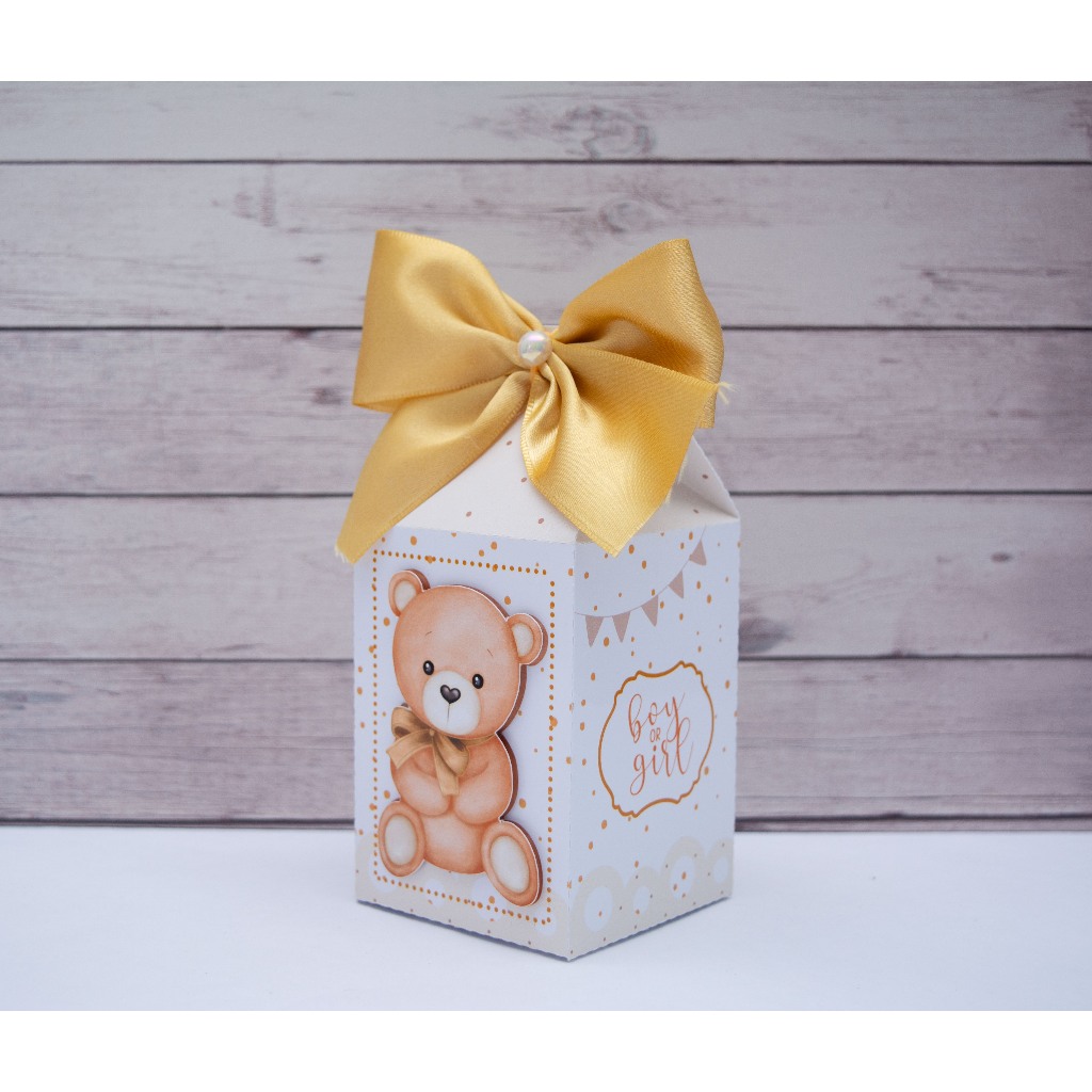 Caixinhas personalizadas CHÁ REVELAÇÃO DE BEBÊ URSO DOURADO - lembrancinha para festa caixa maleta triangulo milk cone