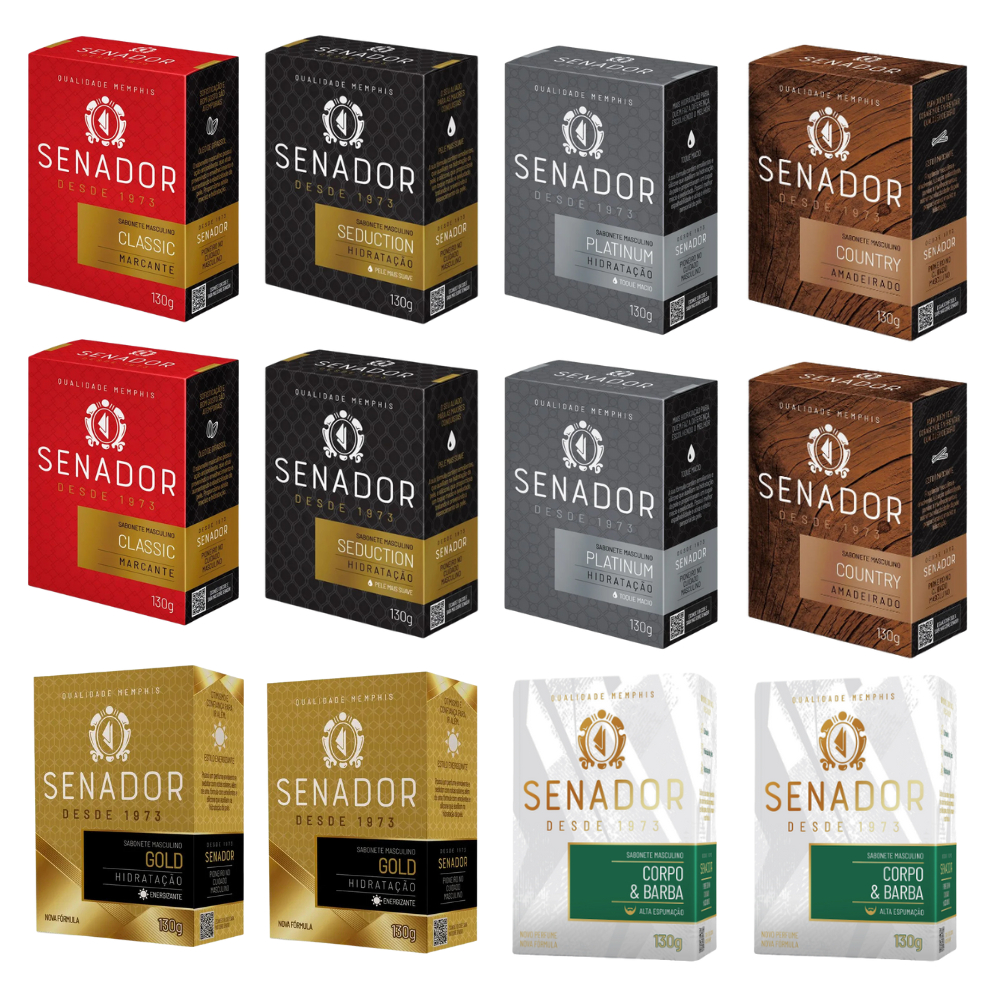 Kit 12 Sabonete Senador Mix Todas Fragrâncias 130g Platinum Classic Seduction Country Corpo e Barba