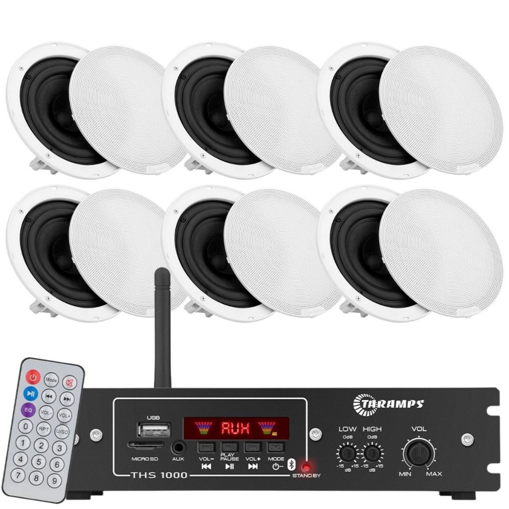 Kit 6 Caixa Som 240w Taramps Arandelas Acustica Embutir Teto Gesso Forro Ambiente Comercio Bar + Receiver Bluetooth Usb