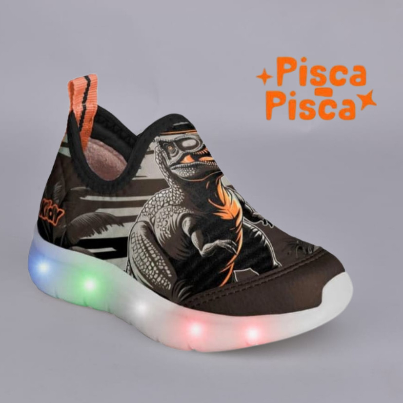 Tênis Infantil Menino Kidy Flex Light Luz Led Dinossauro Anatômico Antiderrapante Leve Confortável