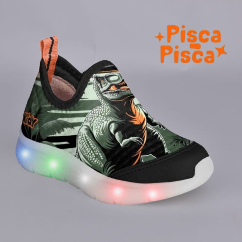 Tênis Infantil Menino Kidy Flex Light Luzes Led Dinossauro Confortável Antiderrapante Casual Escolar