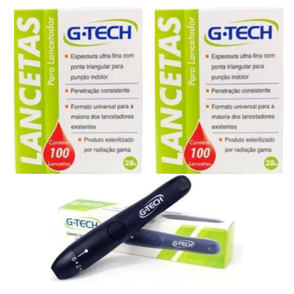 Kit Caneta Lancetadora  + 100 lancetas ou 200 lancetas 28g G-tech Diabetes Glicemia Glicose