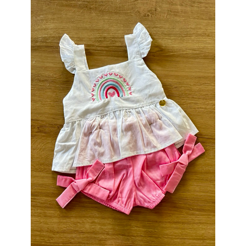 Conjunto bebê menina bordado blusa com botões short fofinha em Oferta na Shopee