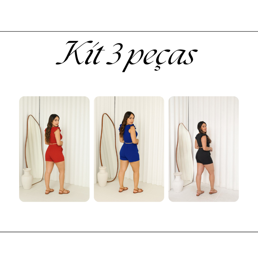 KIT 3 CONJUNTOS FEMININO MINI SHORT COM BOLSO CROPPED MANGA PRINCESA COLADO CANELADO COM ELASTANO