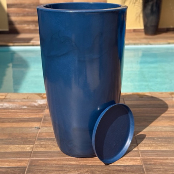 Vaso para Planta Grande Coluna Redonda Marmorizada N4 com Prato Liso Decorativo