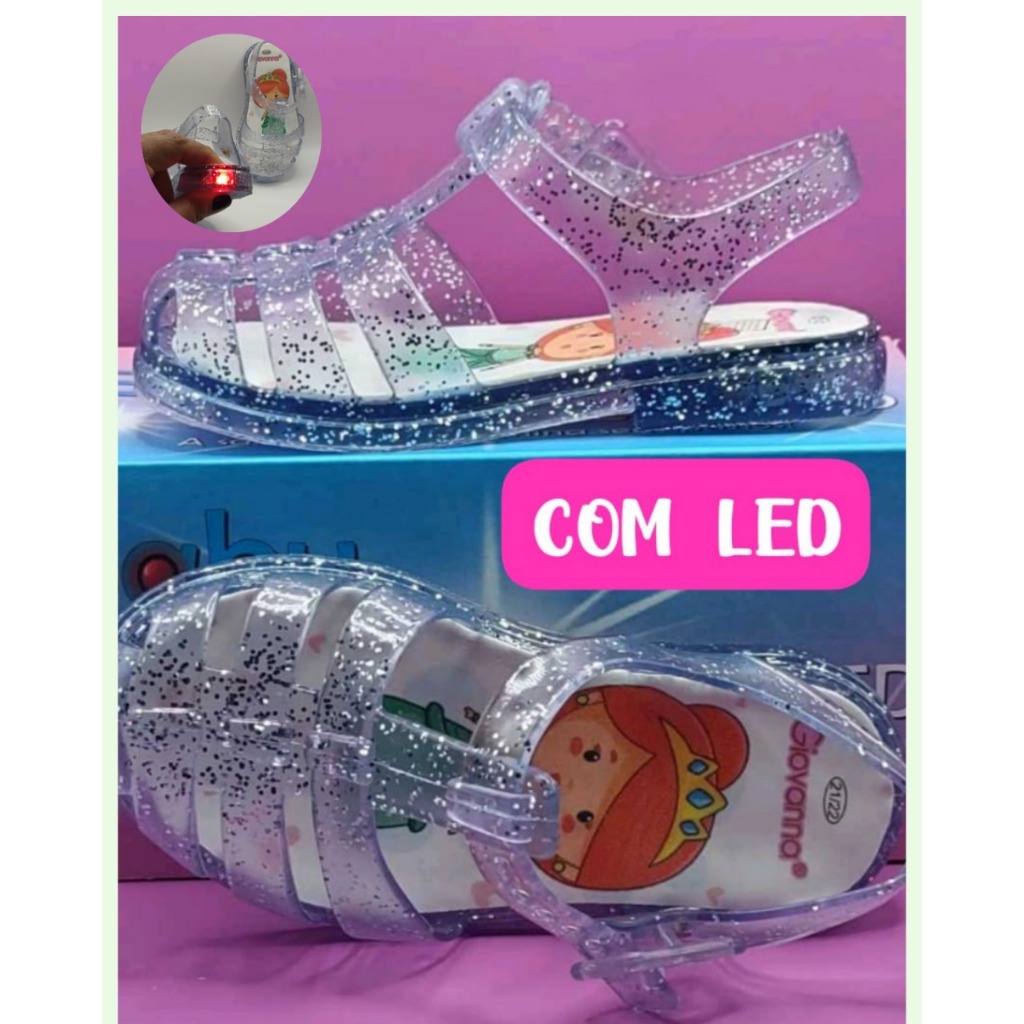 Sandália sapatilha Infantil Giovanna  Menina Baby Princesa com Led e Glitter Transparente Cristal Leve e Confortável
