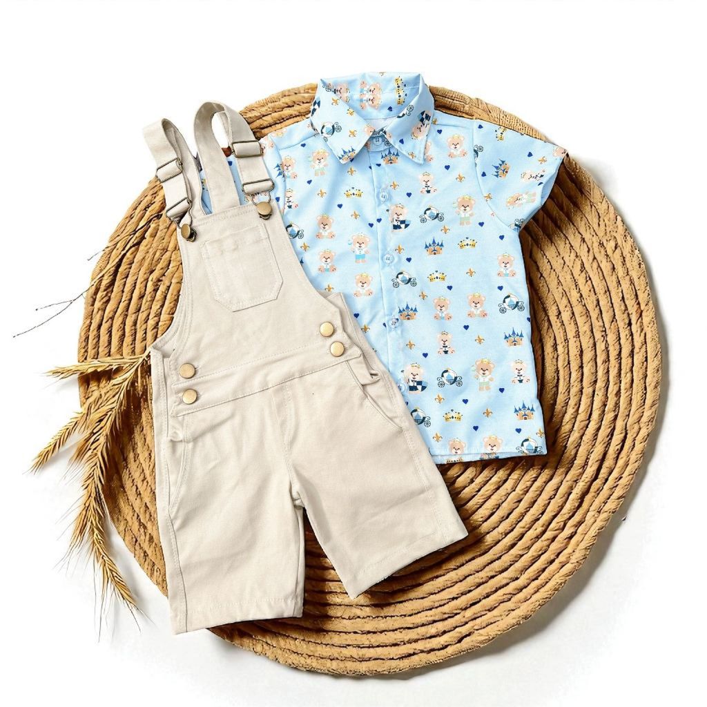 conjunto menino aniversario social modelo jardineira brim principe rei realeza urso ursinho
