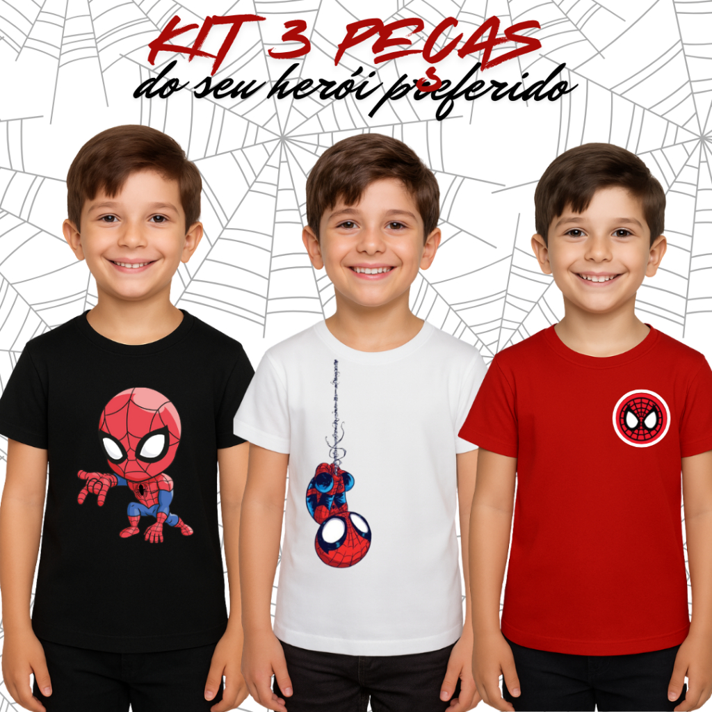 Kit Camisas Spider Coleção Heróis Camiseta Moda Infantil Blusa Algodão Premium em Oferta na Shopee