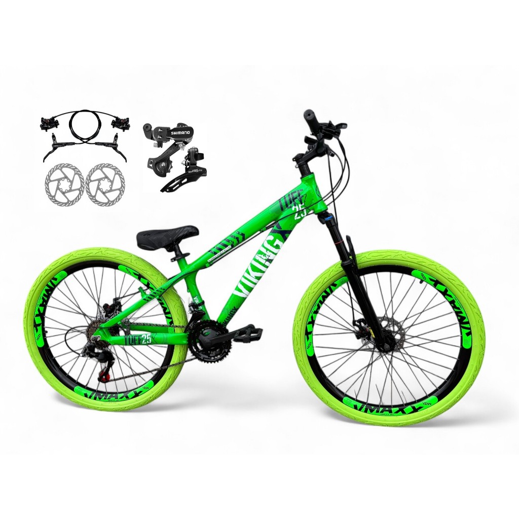 Bicicleta Aro 26 Vikingx Tuff X25 Câmbios Shimano 21v Freio a Disco Hidráulico Freeride Downhill Aro Vmaxx DH Pneu Flame