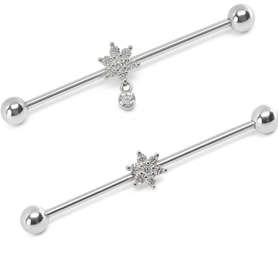 Piercing Transversal Aço Cirúrgico Com Zircônias Modelo Flor - 1 Peça