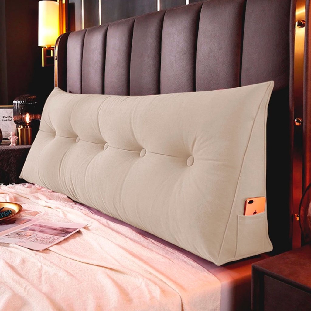Almofada Cabeceira 195cm Estofada Suede com Bolso Porta Celular Apoio Lombar Cama Box King