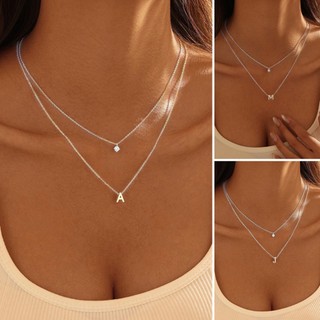 Colar duplo estiloso feminino com pingente de letra A a Z e pingente redondo de zircônia