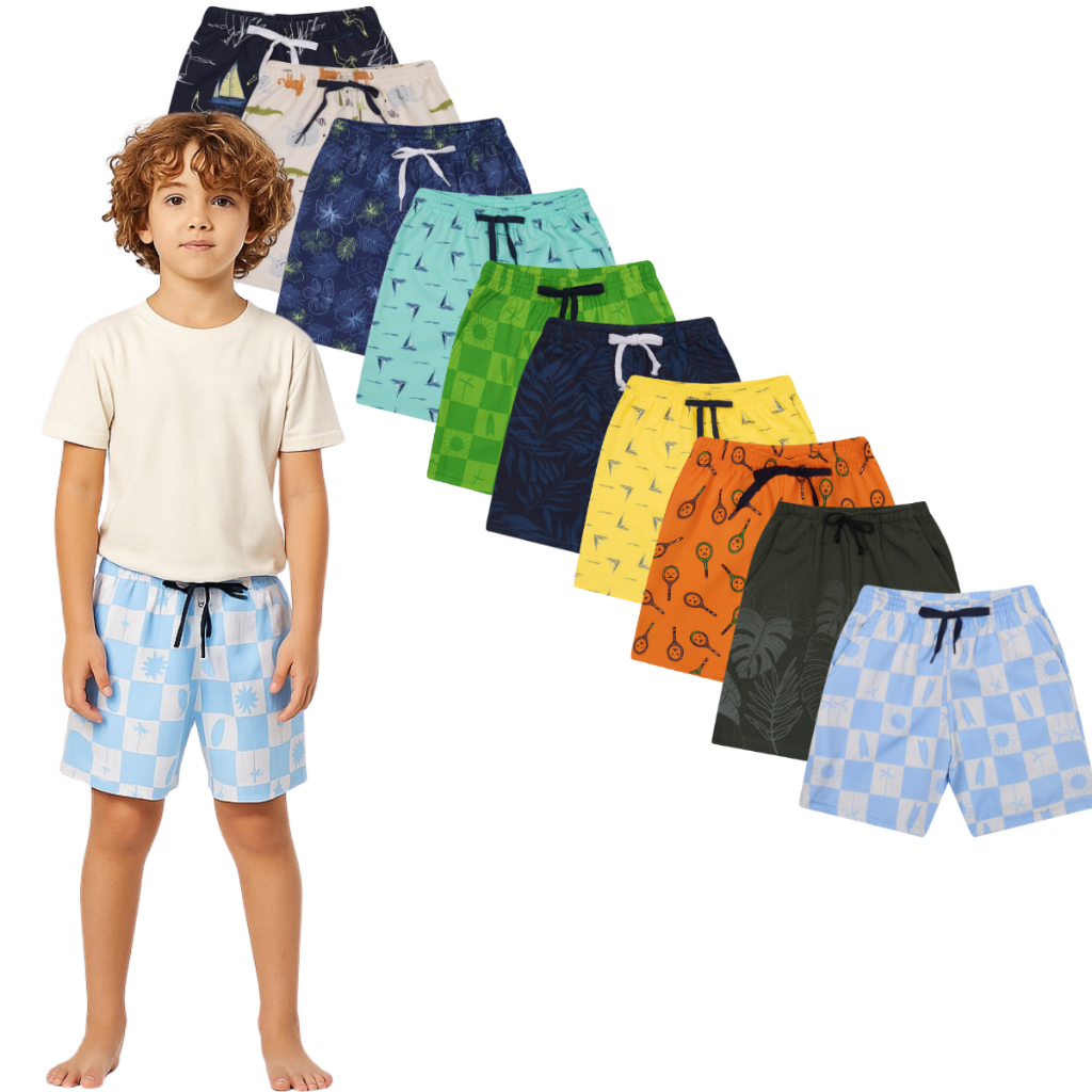 Kit 5 Bermuda Shorts Tactel Infantil Juvenil Estampado Sortido Menino Verão Tam 1 ao 16