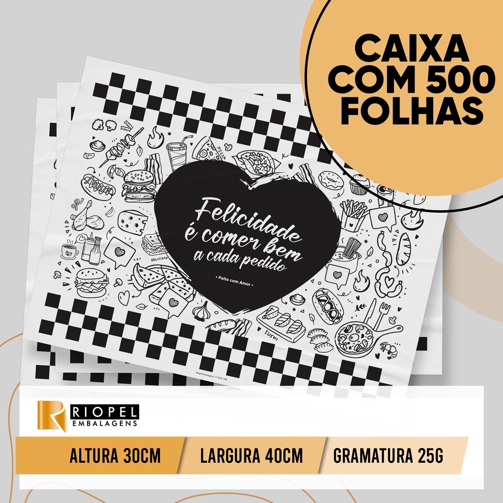 PAPEL ACOPLADO PARA LANCHES - EMBALAGEM P/ ALÍMENTOS (CAIXA COM 500 folhas)