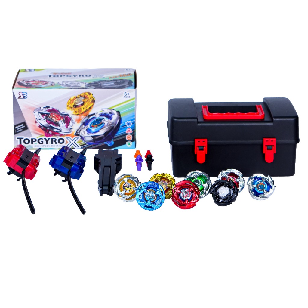 Maleta com 8 Piões de Batalha TopGyro + 2 Lançadores + 1 Grip Piões de Batalha Completo
