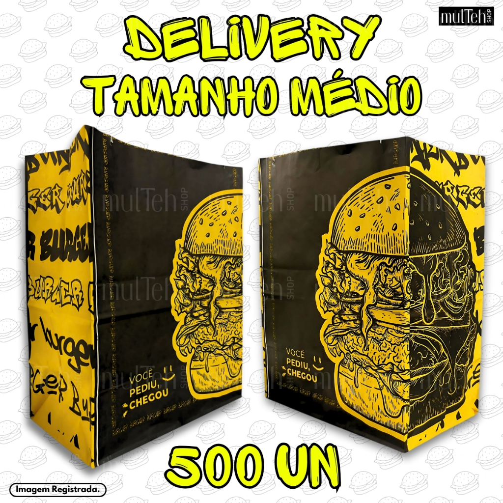 500 Un Saco Para Delivery Kraft SOS Médio 26x19x12 Preto Amarelo em Oferta na Shopee