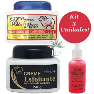 Kit 3 Unidades (Creme Pés & Mãos Sebo de Carneiro 240g + Esfoliante Sebo de Carneiro 240g + Gota Milagrosa 30mL) em Oferta na Shopee