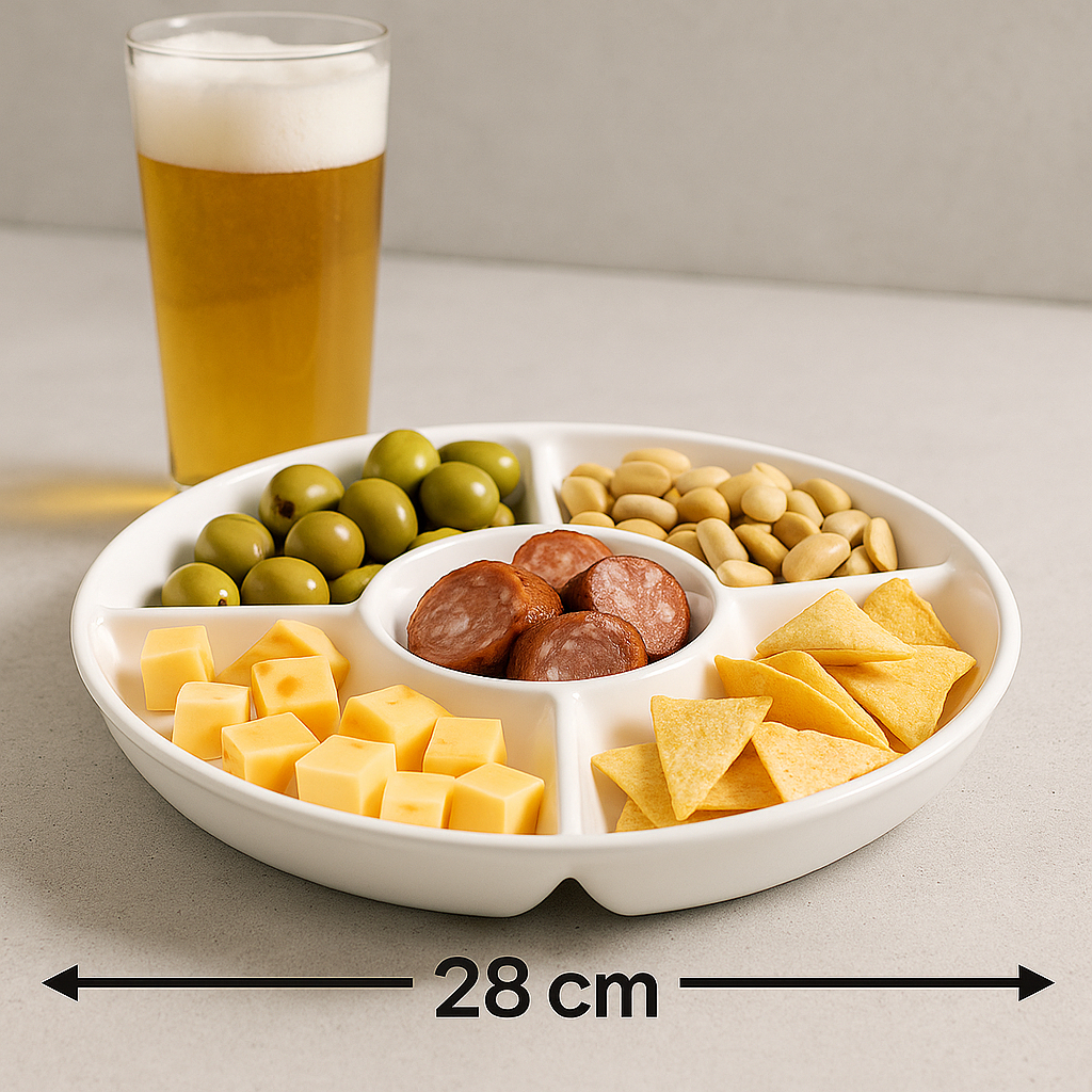 Petisqueira 5 Divisórias Grande 28cm Plástico - Prato para Servir Frios e Petiscos