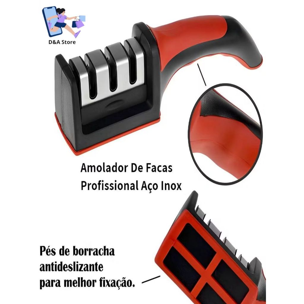Afiador De Faca 3 Estágios Amolador Profissional Ferramenta Com Afiação Rápida Em aço Inoxidável Base Emborrachada