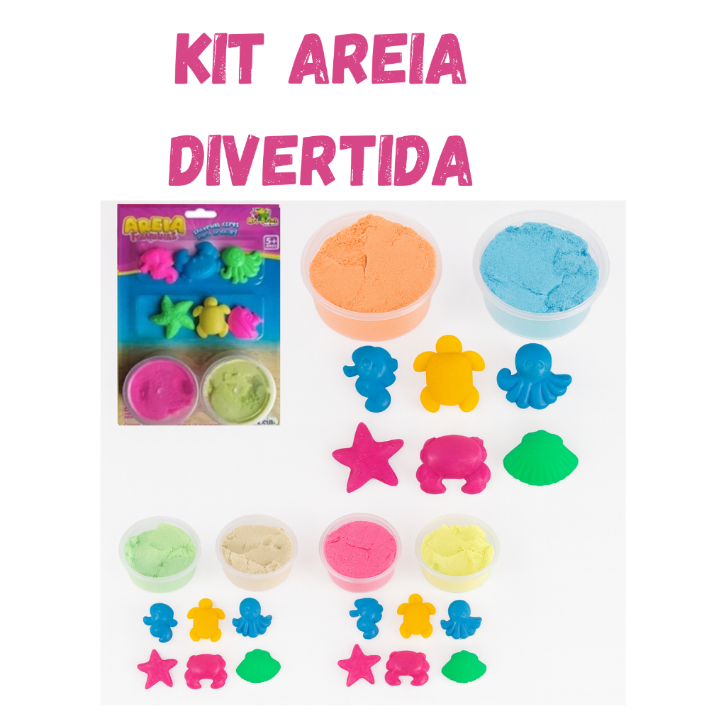 Areia Mágica Infantil Kit 2 Cores + 6 Forminhas Educativas