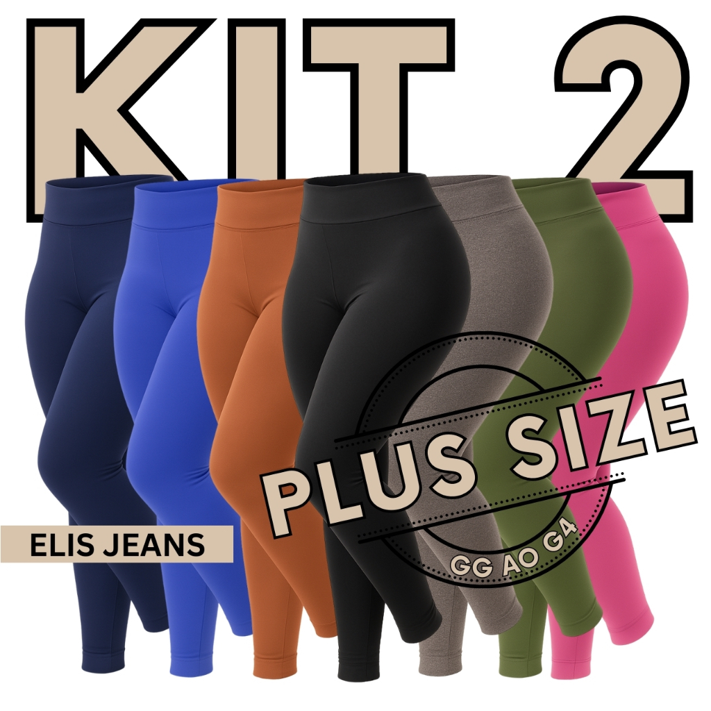 Kit 2 Calças Legging Plus Size Fitness Feminina Cintura Alta Leg Suplex Academia Zero Transparência