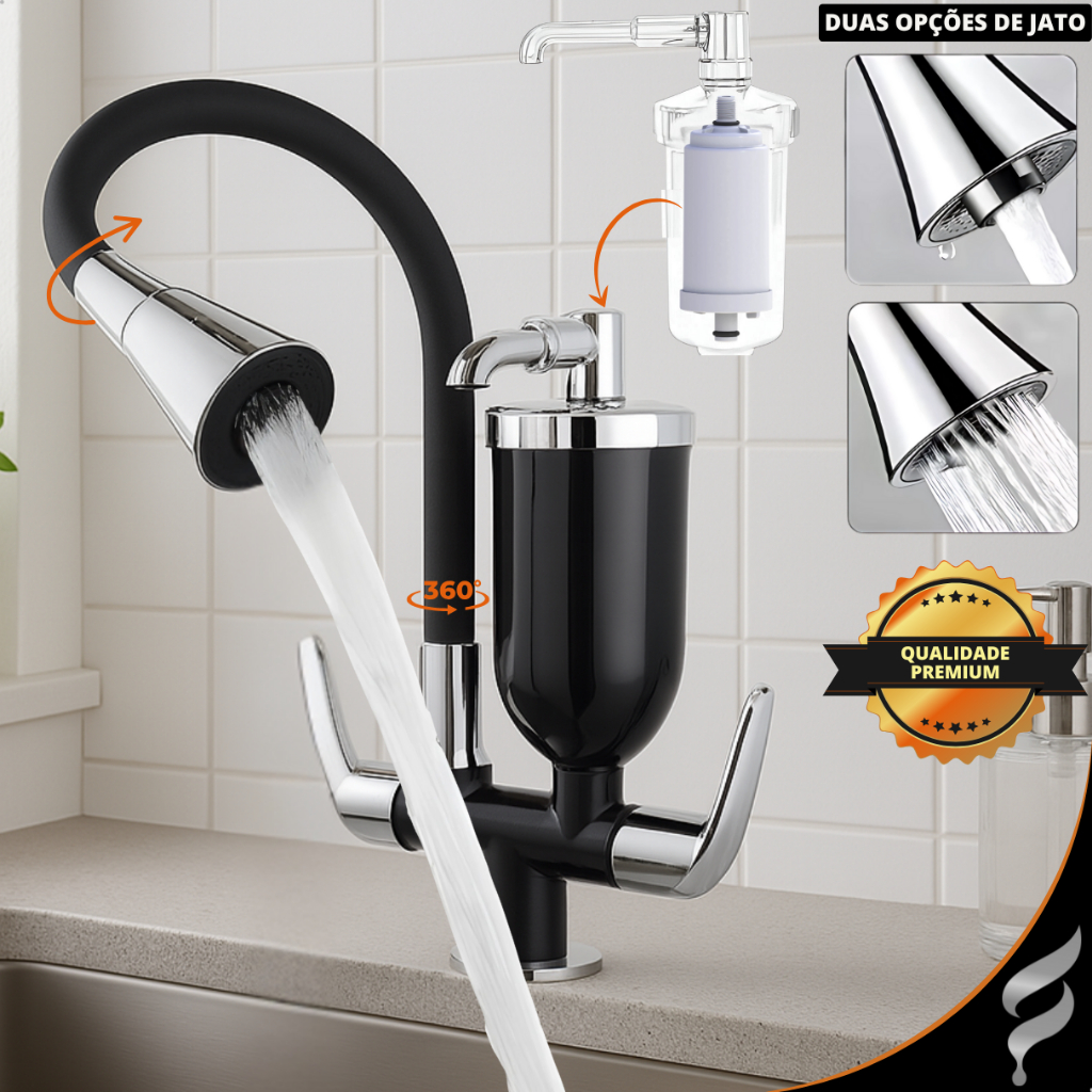 Torneira Com Filtro Gourmet De Cozinha Flexível Bancada Cone Dois Jatos 1/4 De Volta Preto Cromado