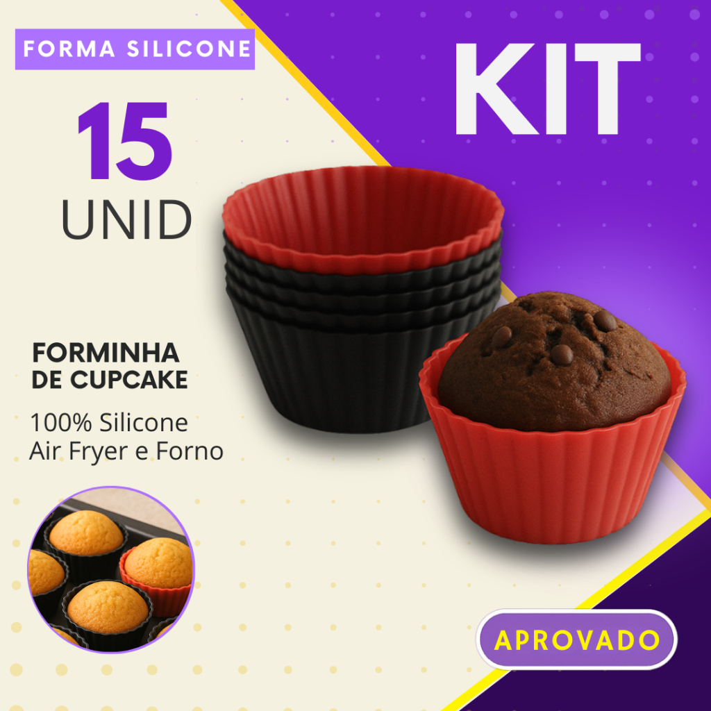 Kit 6 ou 15 Forminhas Cupcake de Silicone Mini Bolo Cozinha Air Fryer Forma Assadeira